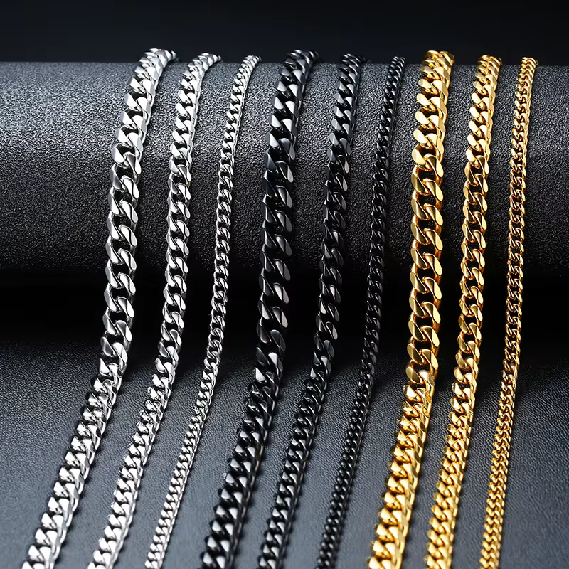 Luxury Cuban & Rope Chain Necklace for Men Women, Stainless Steel, Gold, Silver, Black