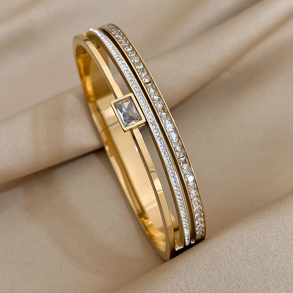 Luxury Cuff Bracelet for Women – Gold & Silver Plated Wide Bangle with Rhinestones