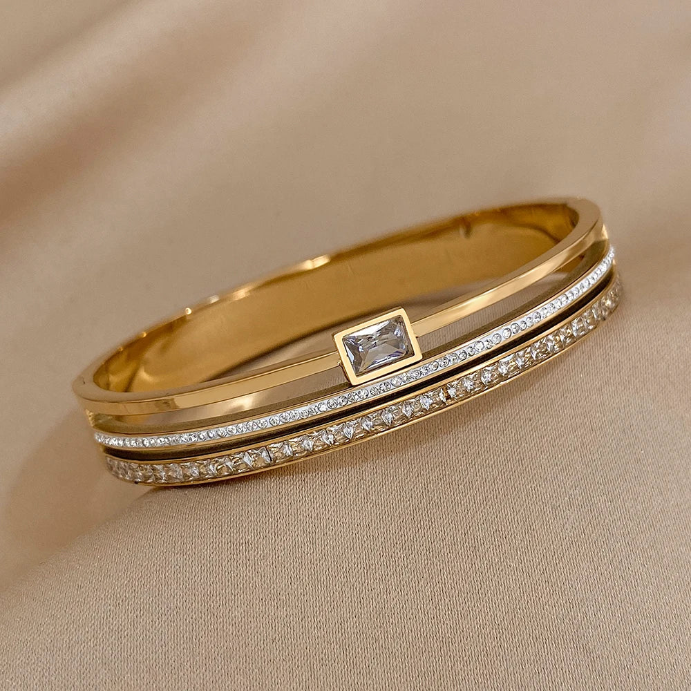 Luxury Cuff Bracelet for Women – Gold & Silver Plated Wide Bangle with Rhinestones