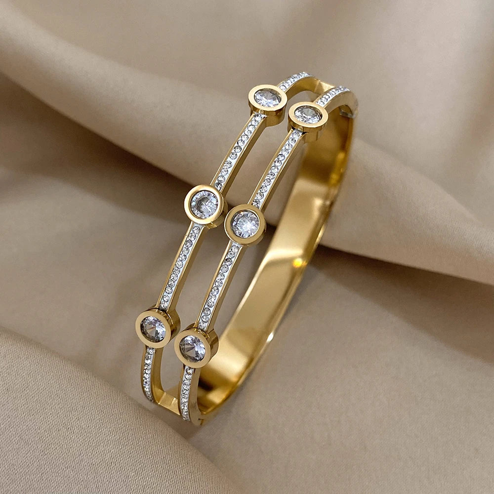 Luxury Cuff Bracelet for Women – Gold & Silver Plated Wide Bangle with Rhinestones