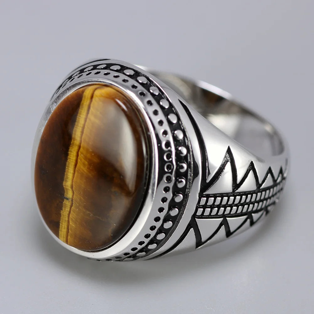 Men's 925 Sterling Silver Ring with Natural Tiger Eye Stone - Vintage Turkish Retro Jewelry