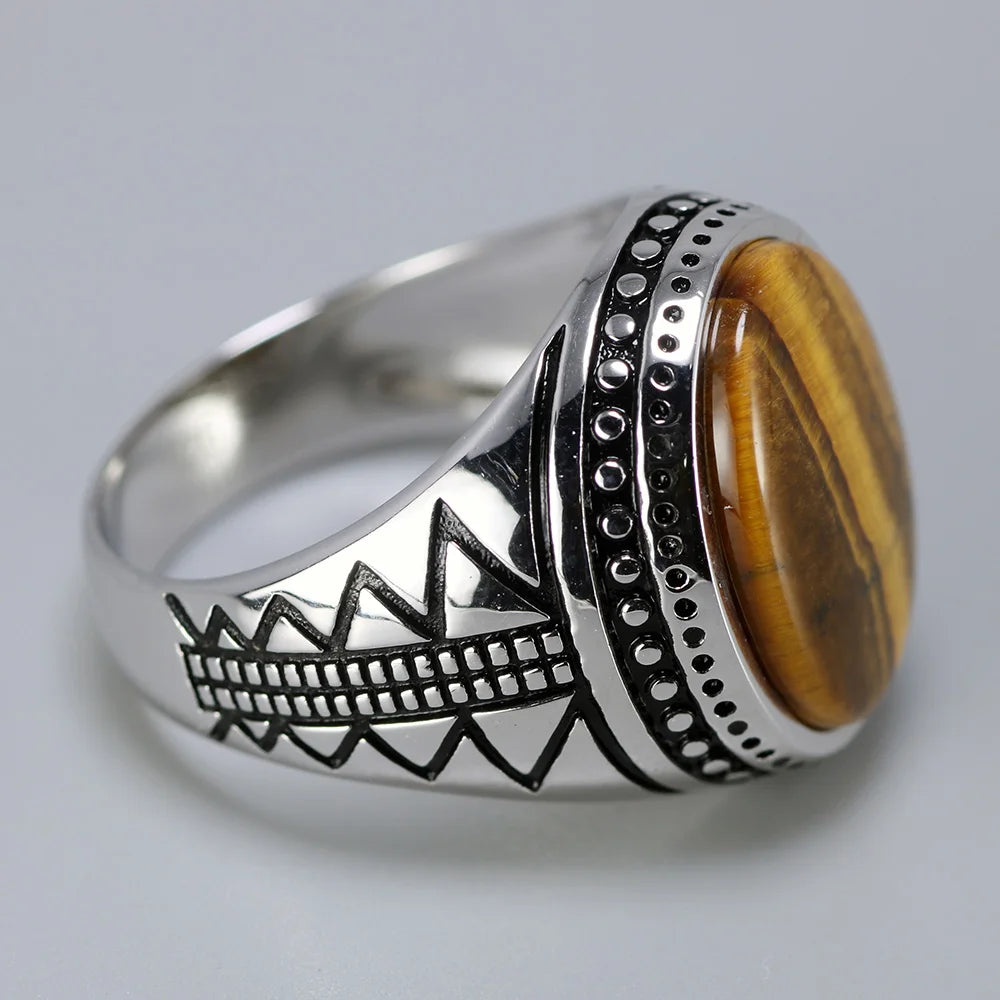 Men's 925 Sterling Silver Ring with Natural Tiger Eye Stone - Vintage Turkish Retro Jewelry