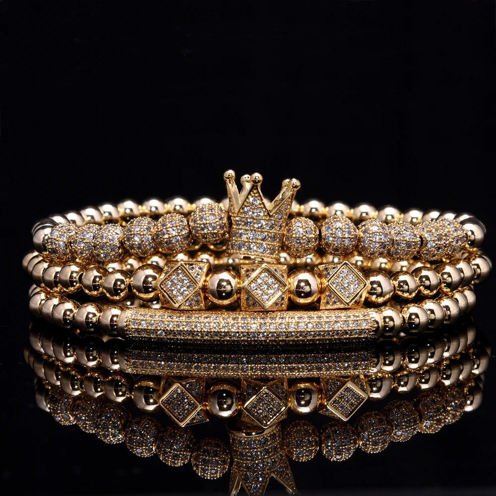 3-Piece Luxury Gold Beaded Bracelet Set – Royal King Crown Men’s Fashion Jewelry