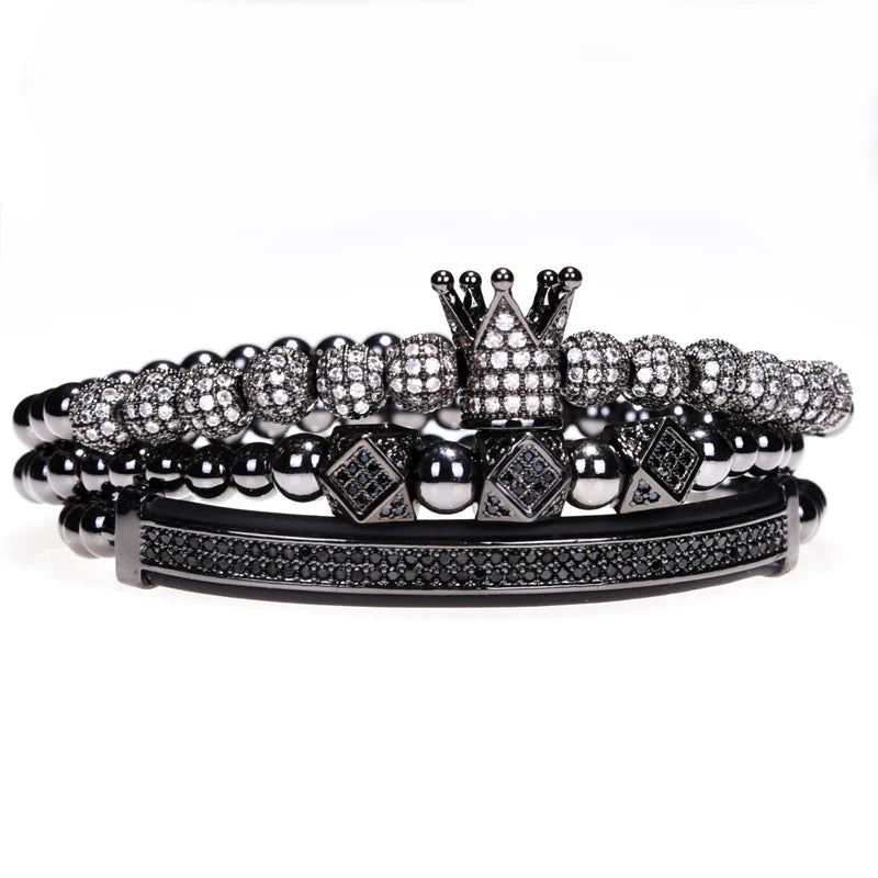 3-Piece Luxury Gold Beaded Bracelet Set – Royal King Crown Men’s Fashion Jewelry