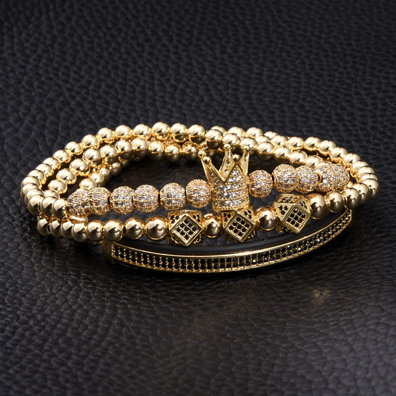 3-Piece Luxury Gold Beaded Bracelet Set – Royal King Crown Men’s Fashion Jewelry