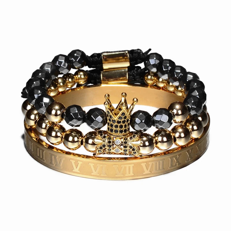 3-Piece Luxury Gold Beaded Bracelet Set – Royal King Crown Men’s Fashion Jewelry
