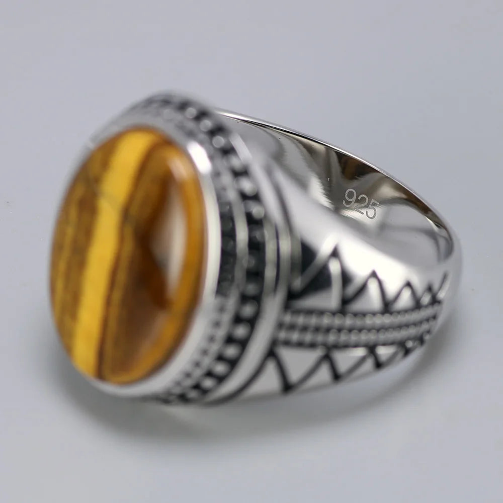 Men's 925 Sterling Silver Ring with Natural Tiger Eye Stone - Vintage Turkish Retro Jewelry