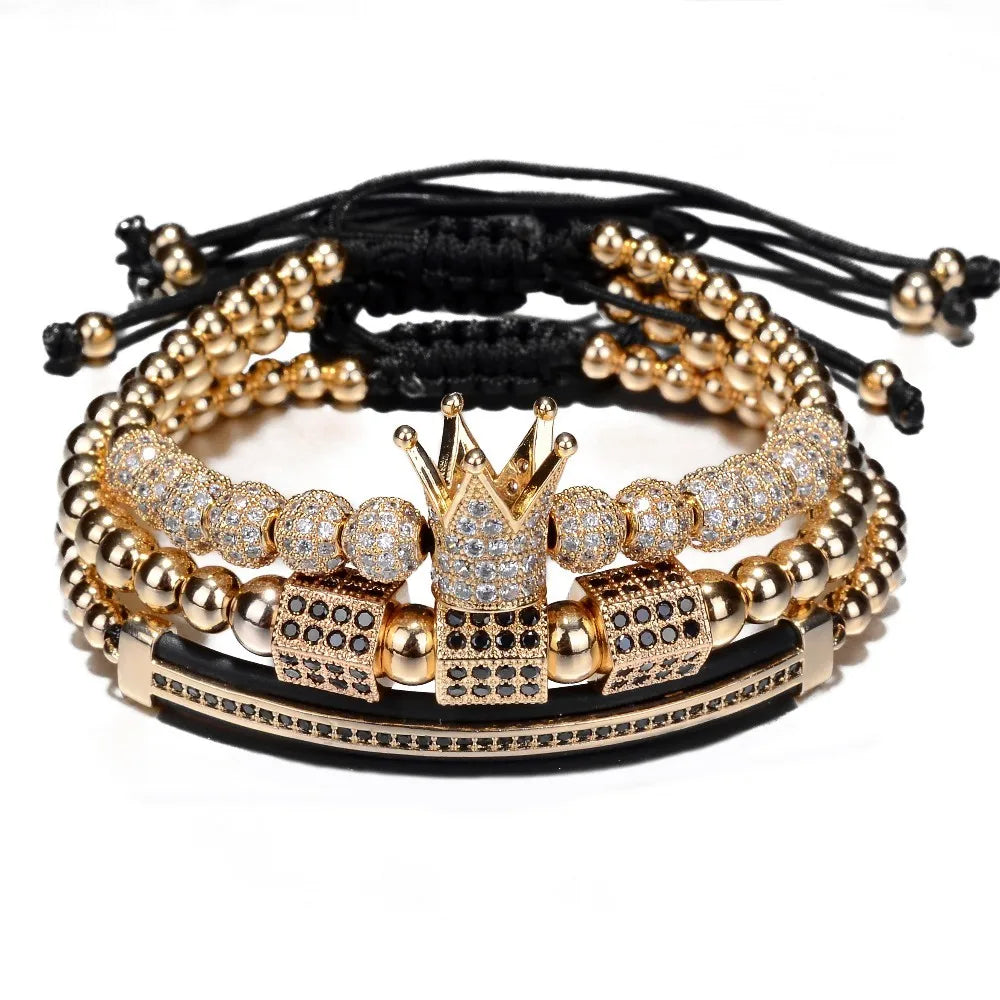 3-Piece Luxury Gold Beaded Bracelet Set – Royal King Crown Men’s Fashion Jewelry