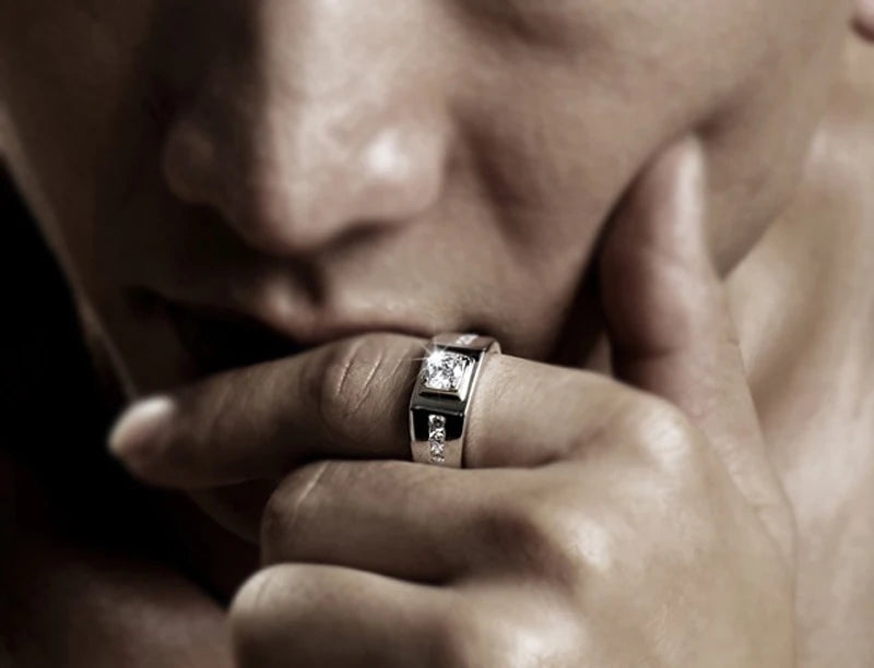 Sterling Silver Men's Engagement Ring | Luxury Stone Wedding Band