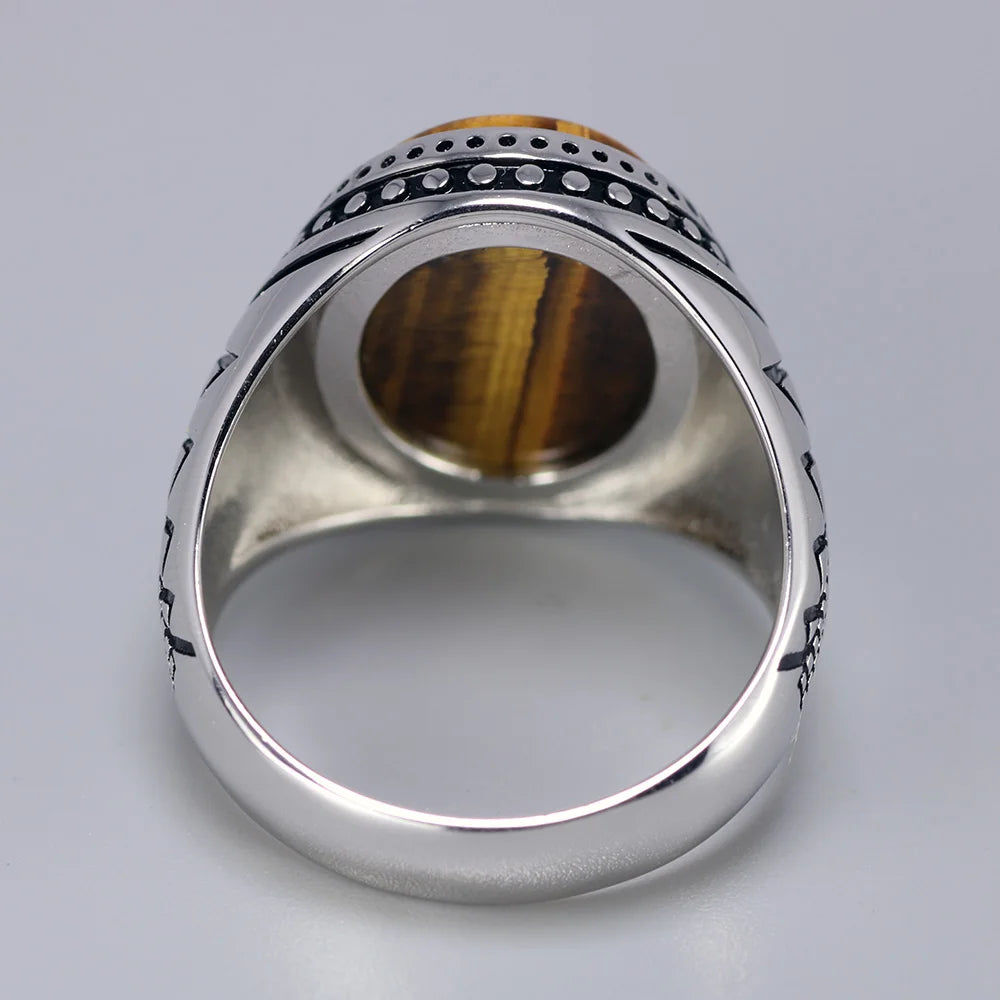 Men's 925 Sterling Silver Ring with Natural Tiger Eye Stone - Vintage Turkish Retro Jewelry