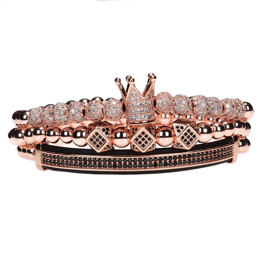 3-Piece Luxury Gold Beaded Bracelet Set – Royal King Crown Men’s Fashion Jewelry