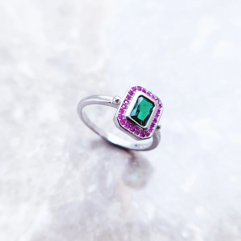 Red & Green Zircon Silver Ring