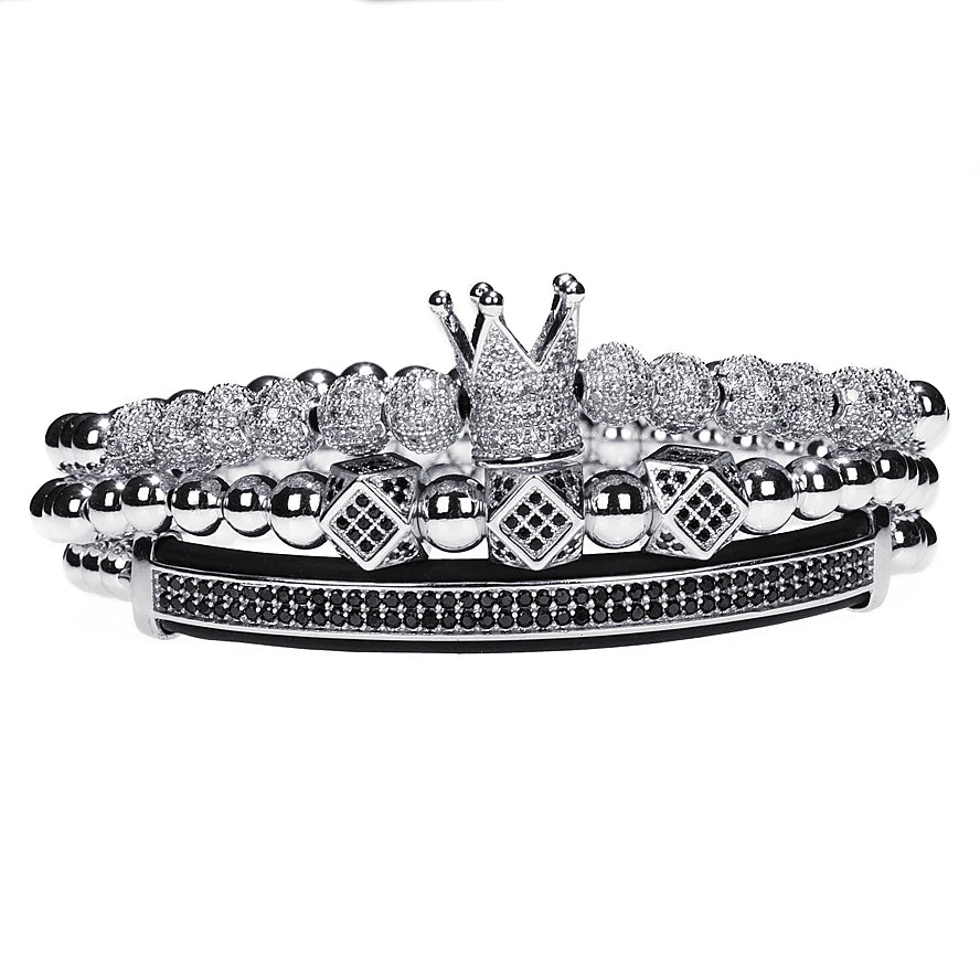 3-Piece Luxury Gold Beaded Bracelet Set – Royal King Crown Men’s Fashion Jewelry