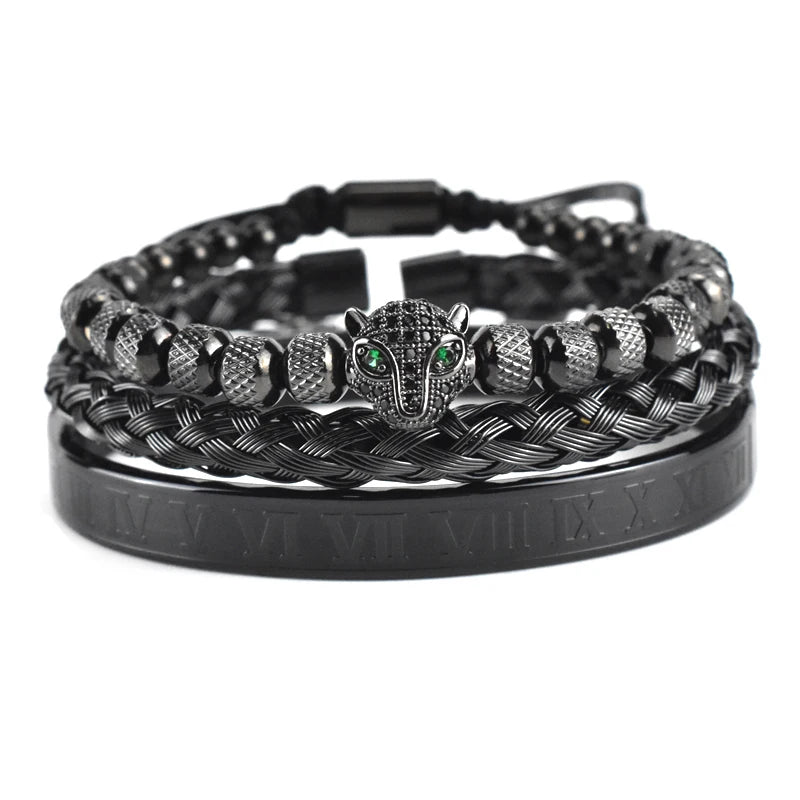 Luxury Leopard Head Bracelet set for Men – 18K Gold Electroplated, Adjustable.