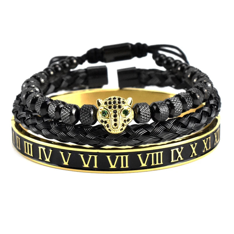 Luxury Leopard Head Bracelet set for Men – 18K Gold Electroplated, Adjustable.