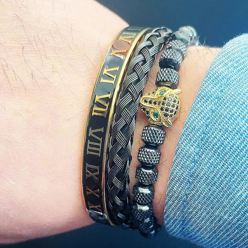 Luxury Leopard Head Bracelet set for Men – 18K Gold Electroplated, Adjustable.