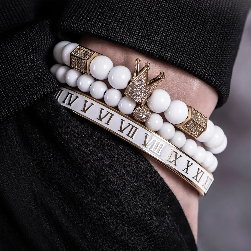 Luxury Crystal Crown Gold Bracelet – White Enamel & Roman Numeral Design | Stainless Steel Beaded Bracelet for Men