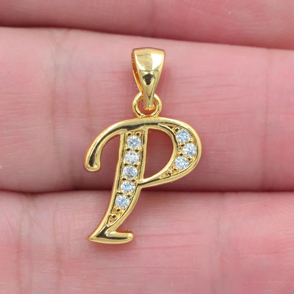 Gold CZ Alphabet Letter Pendant Necklace