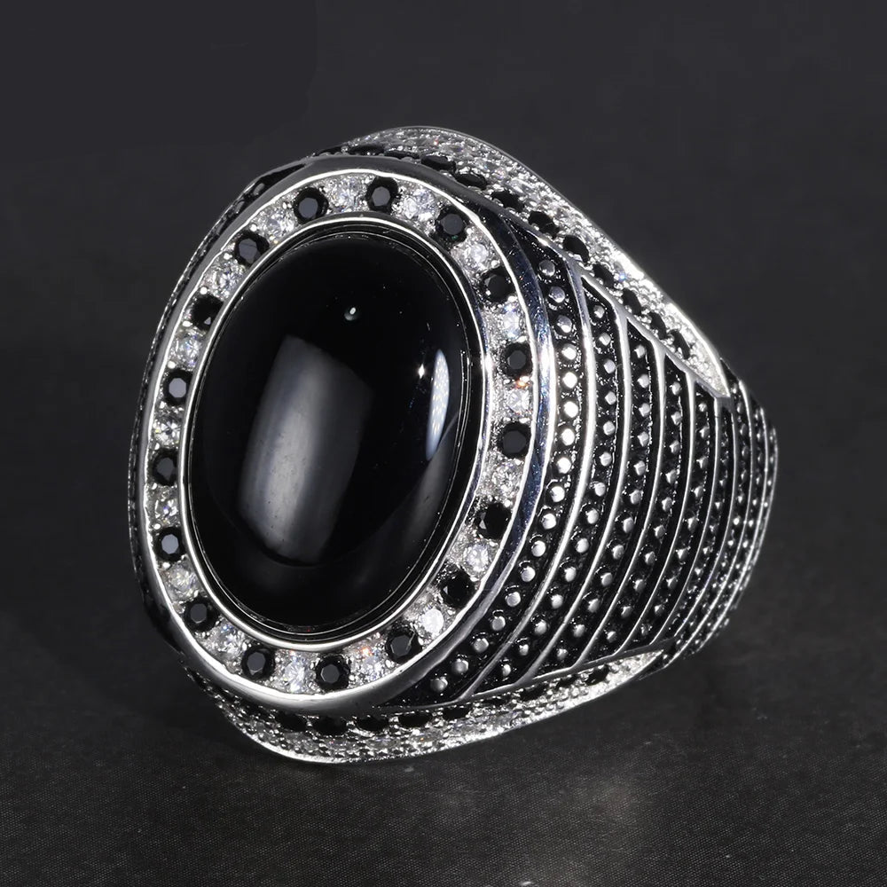 Men's Sterling Silver 925 Agate & Onyx Ring - Vintage 925 Silver Wedding Band