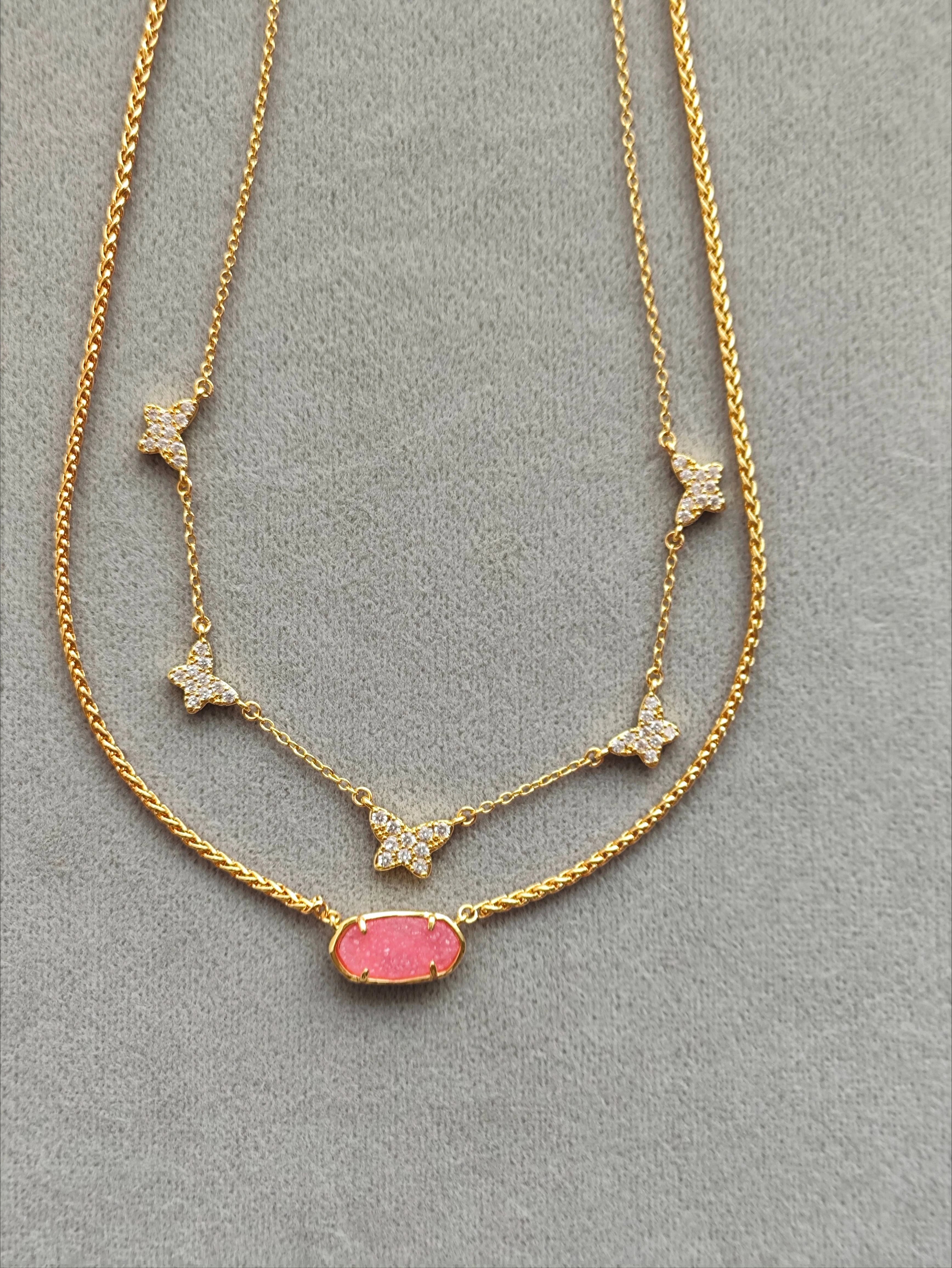 Kendra Scott Double Chain Elisa Pink Drusy Crystal Butterfly Pendant Necklace