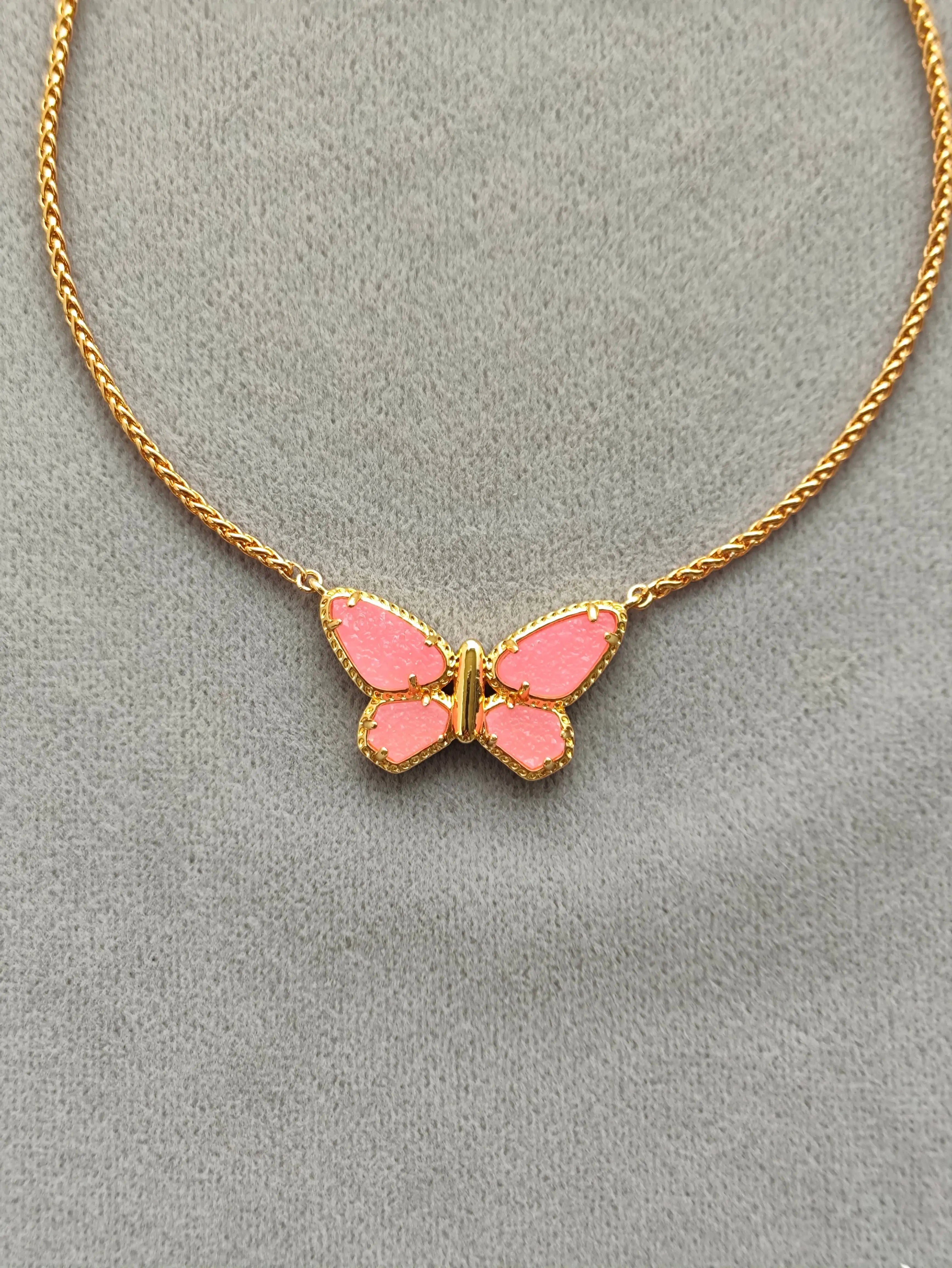 Butterfly Pendant Necklace - Pink Crystal…