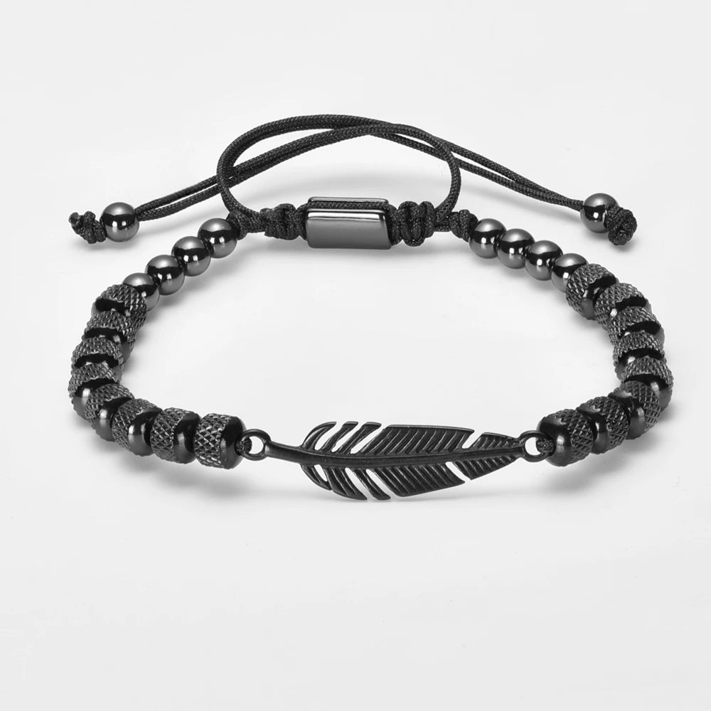 Feather Beaded Bracelet – Handmade Stainless Steel & Zircon Charm