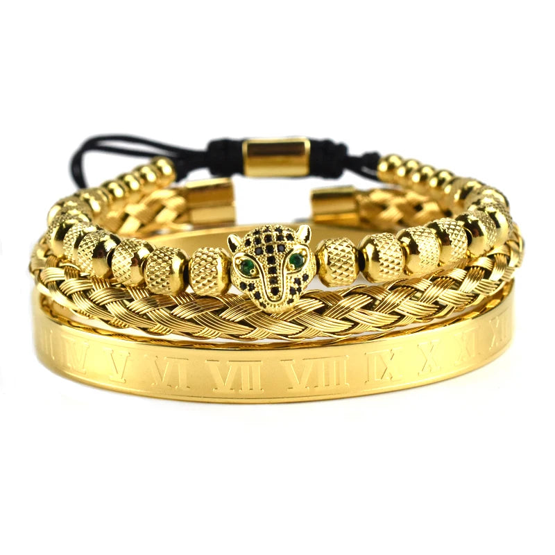 Luxury Leopard Head Bracelet set for Men – 18K Gold Electroplated, Adjustable.