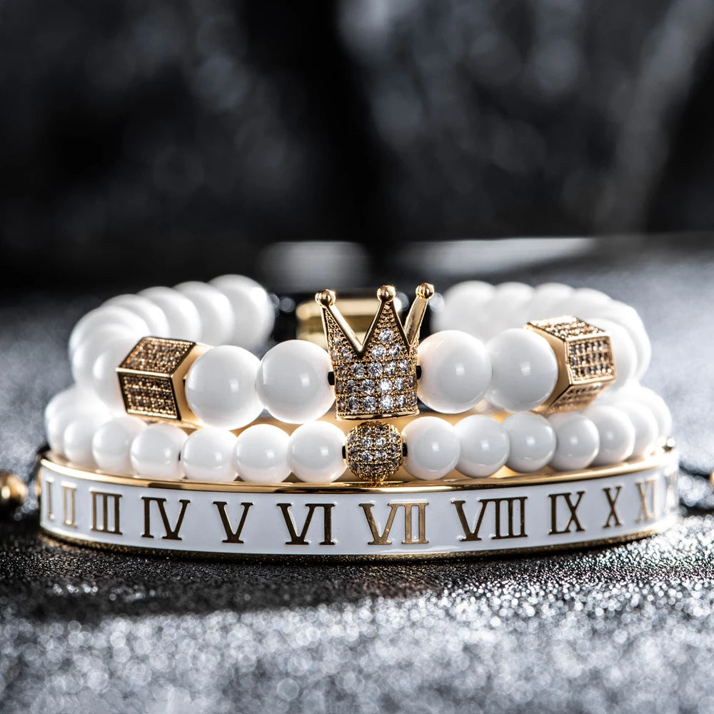 Luxury Crystal Crown Gold Bracelet – White Enamel & Roman Numeral Design | Stainless Steel Beaded Bracelet for Men