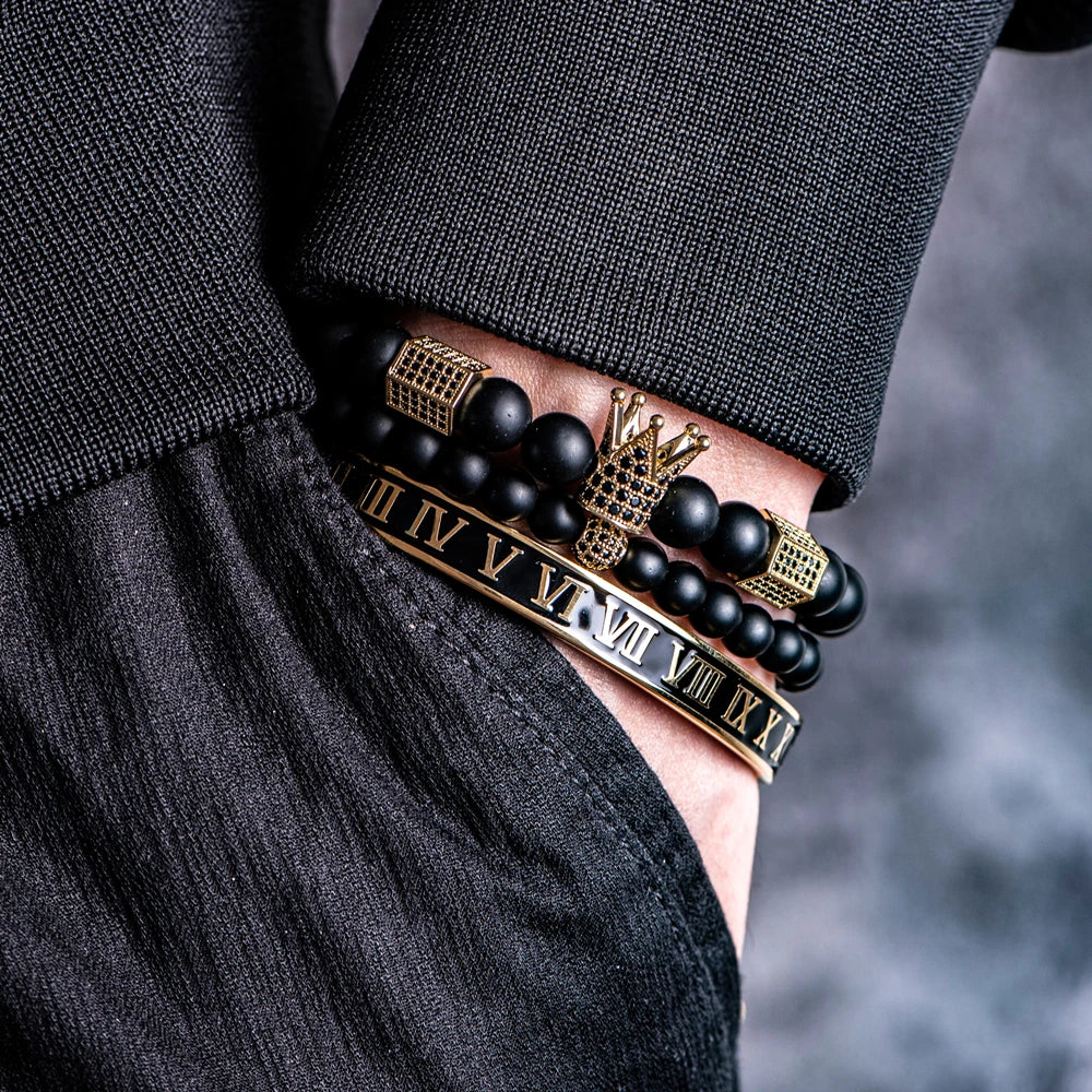 Luxury Crystal Crown Gold Bracelet – White Enamel & Roman Numeral Design | Stainless Steel Beaded Bracelet for Men