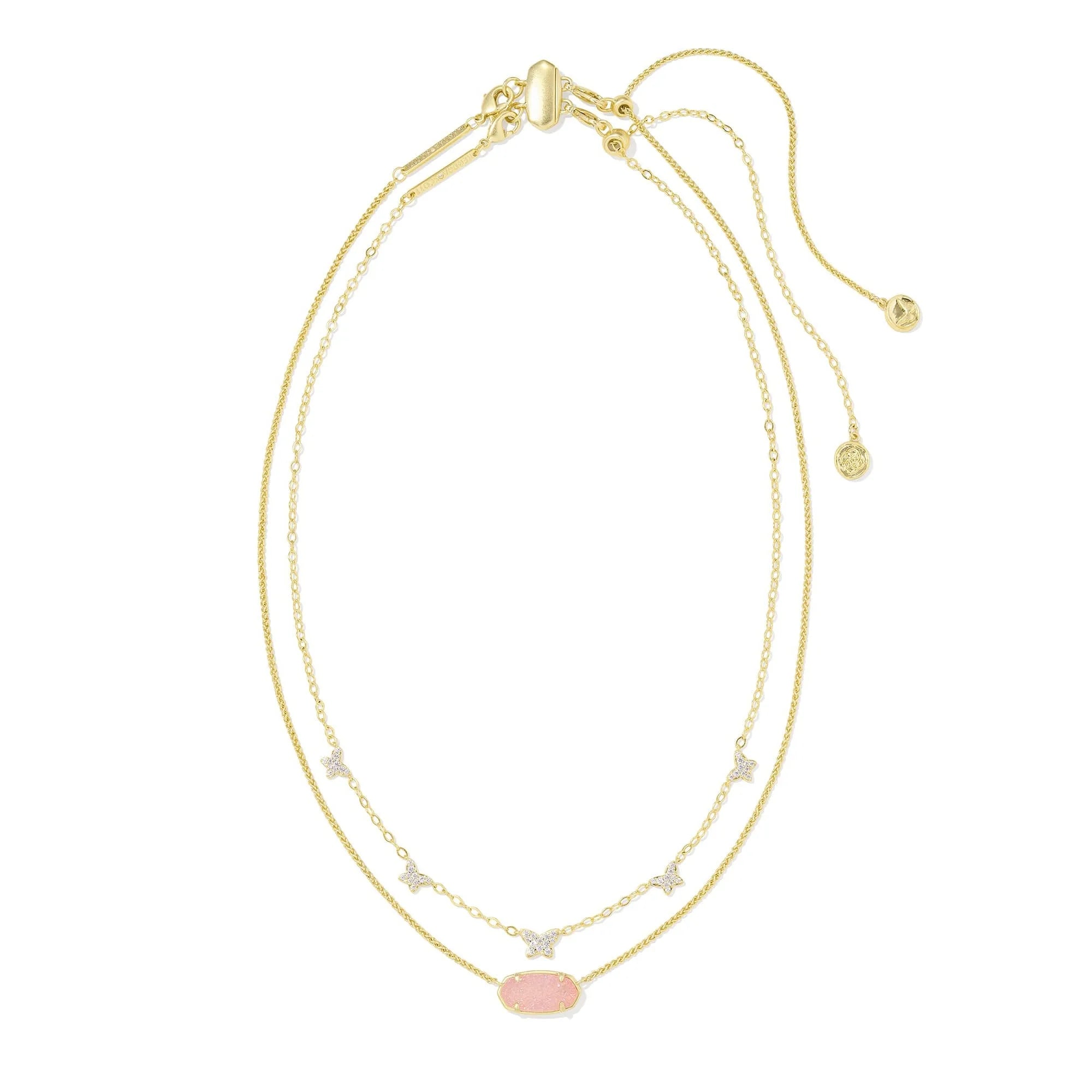 Kendra Scott Double Chain Elisa Pink Drusy Crystal Butterfly Pendant Necklace