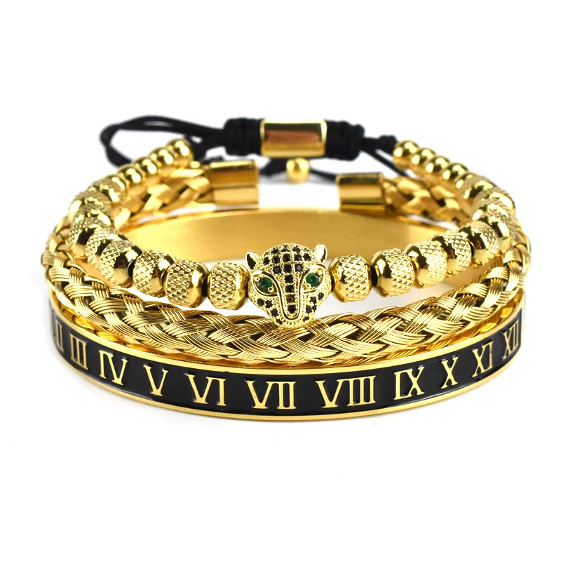 Luxury Leopard Head Bracelet set for Men – 18K Gold Electroplated, Adjustable.