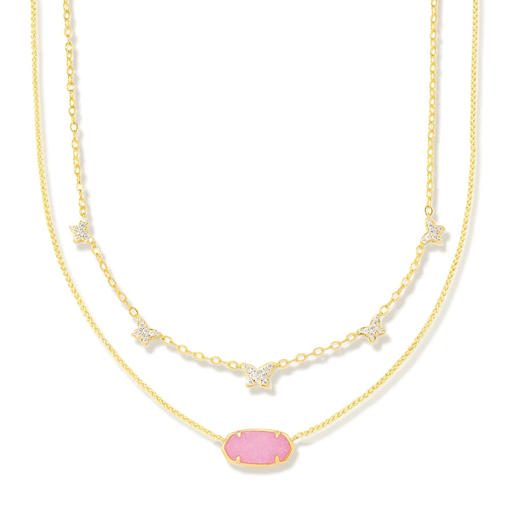 Kendra Scott Double Chain Elisa Pink Drusy Crystal Butterfly Pendant Necklace
