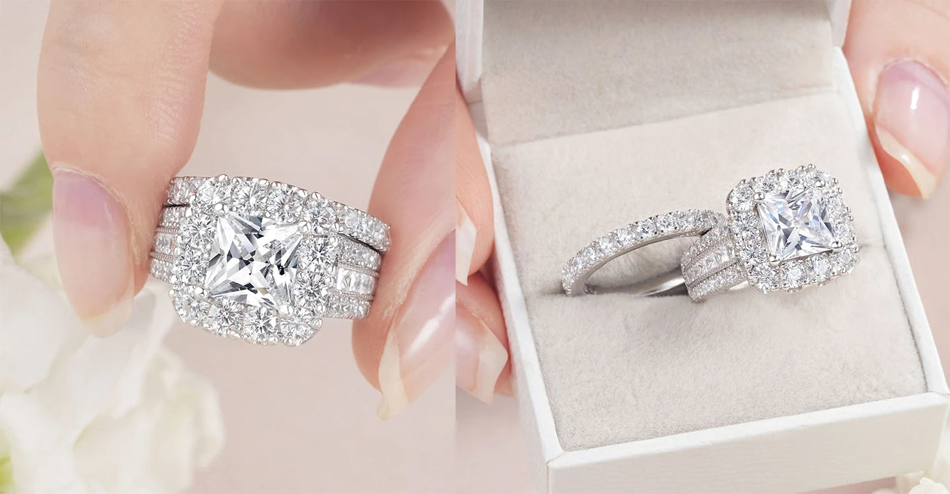 Halo Princess-cut 2-piece Wedding Ring Set