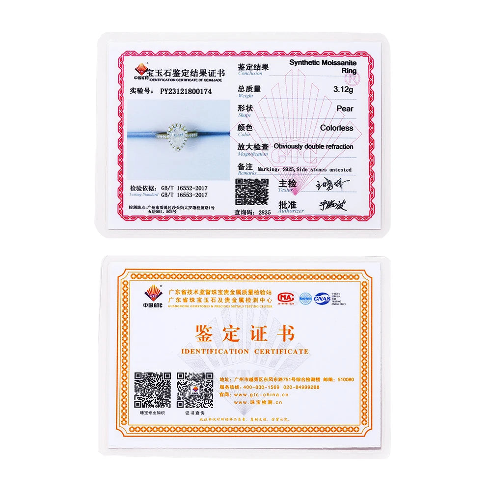 Pear Cut 2.0CT D Color VVS1 Moissanite Engagement Ring for Women.