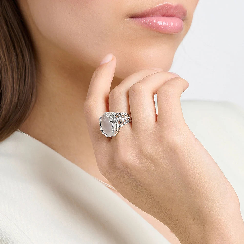 Oval Crystal Silver Cocktail Ring