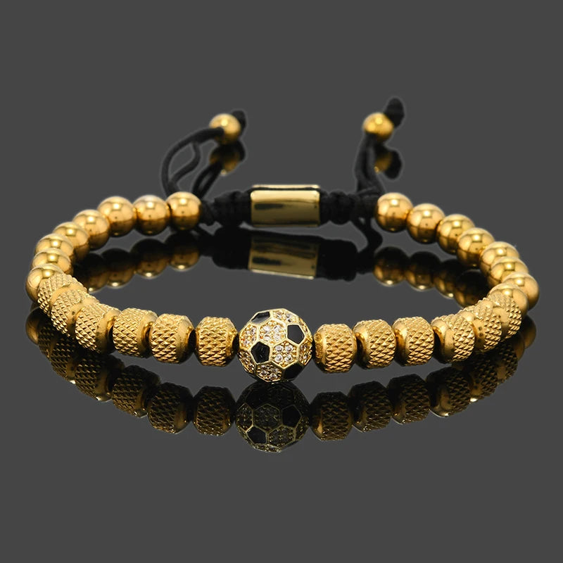 Luxury Soccer Bead Bracelet for Men – Stainless Steel & 18K Gold-Plated Charms