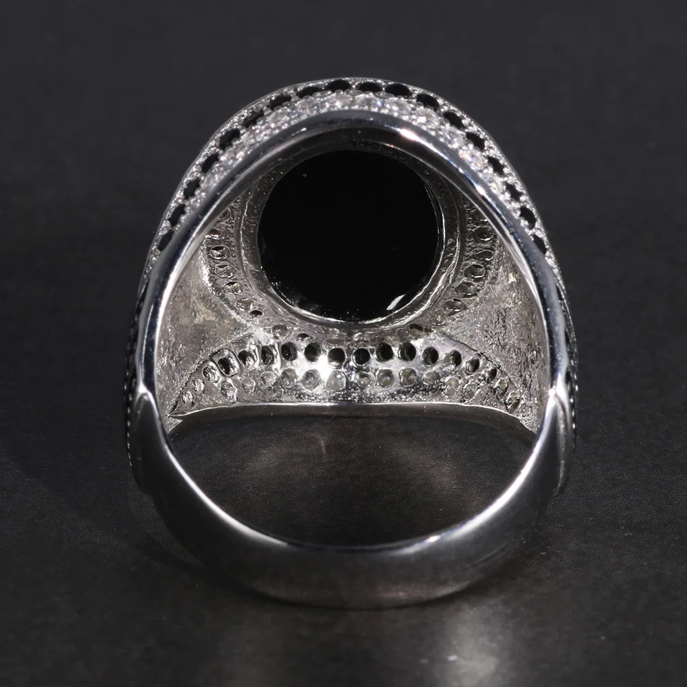 Men's Sterling Silver 925 Agate & Onyx Ring - Vintage 925 Silver Wedding Band