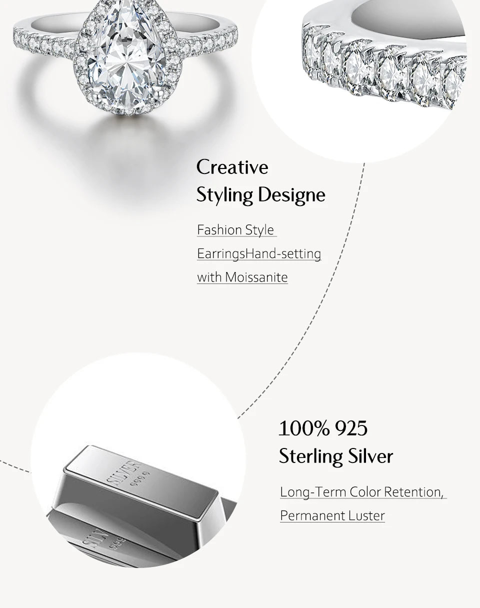 Pear Cut 2.0CT D Color VVS1 Moissanite Engagement Ring for Women.