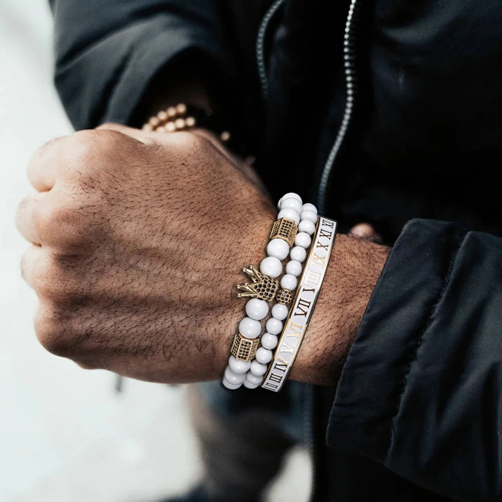 Luxury Crystal Crown Gold Bracelet – White Enamel & Roman Numeral Design | Stainless Steel Beaded Bracelet for Men