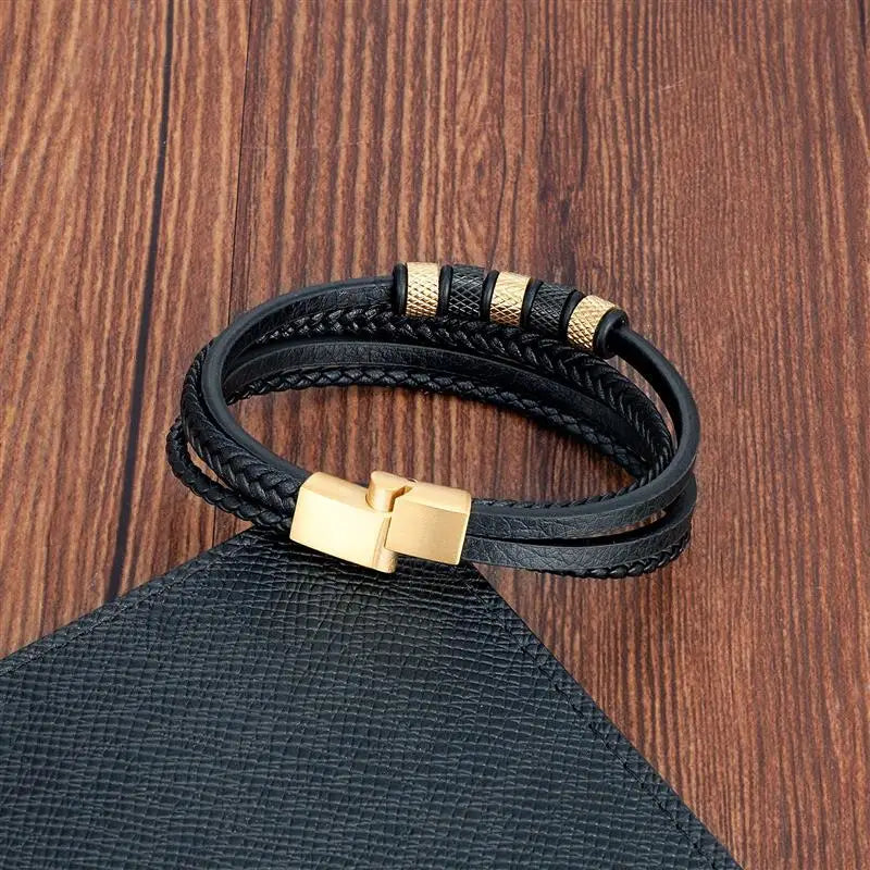Classic Men's Leather Beaded Bracelet