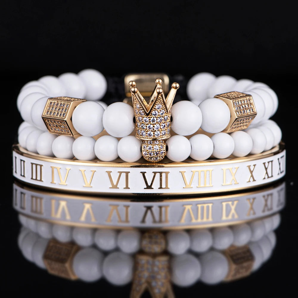 Luxury Crystal Crown Gold Bracelet – White Enamel & Roman Numeral Design | Stainless Steel Beaded Bracelet for Men