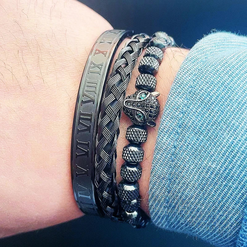 Luxury Leopard Head Bracelet set for Men – 18K Gold Electroplated, Adjustable.