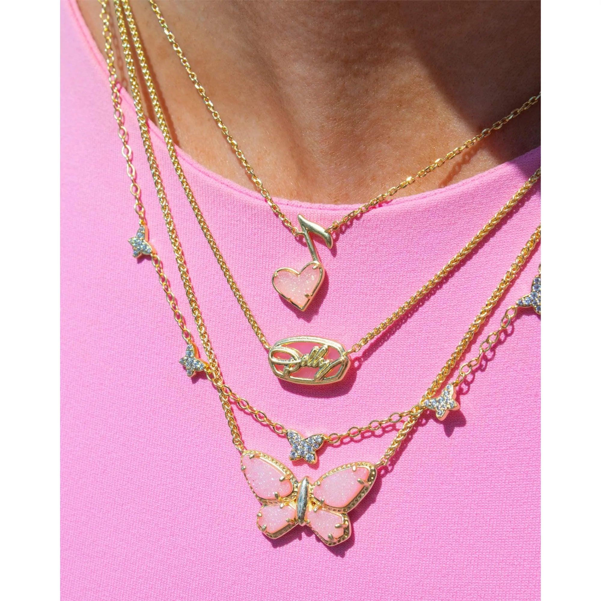 Kendra Scott Double Chain Elisa Pink Drusy Crystal Butterfly Pendant Necklace