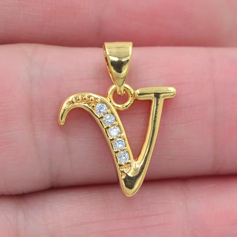 Gold CZ Alphabet Letter Pendant Necklace
