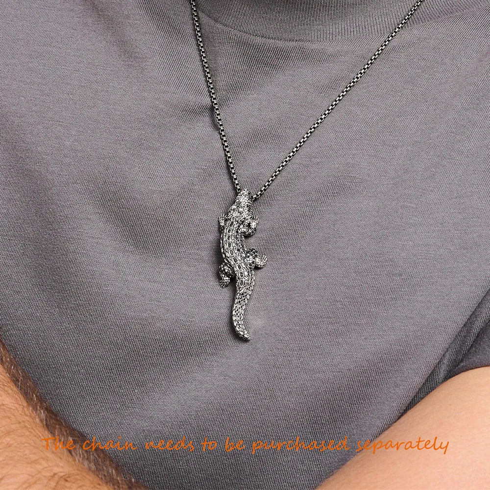 Crocodile Pendant Silver Black Stones