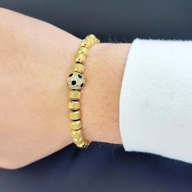 Luxury Soccer Bead Bracelet for Men – Stainless Steel & 18K Gold-Plated Charms