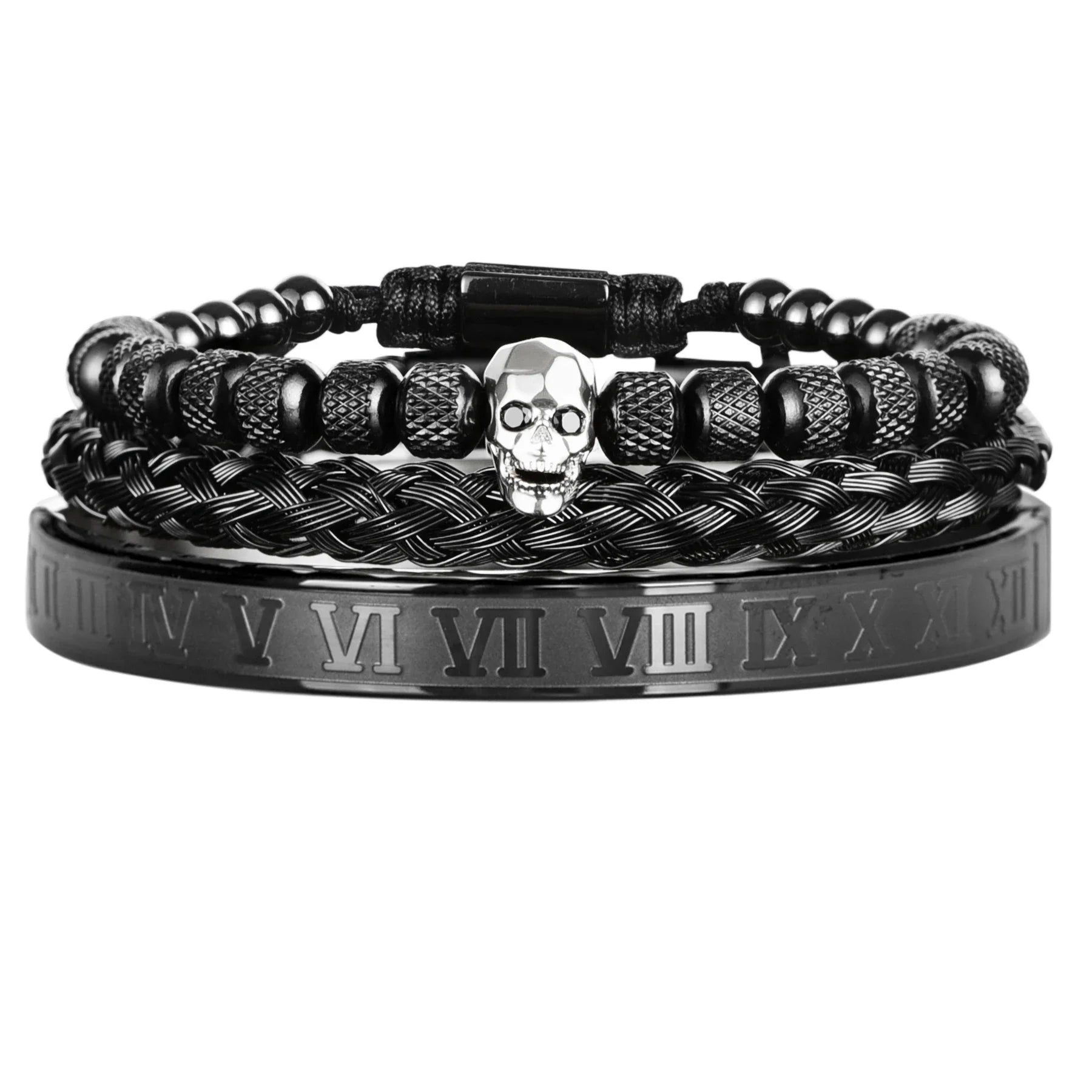 Skull Charm Bracelet – Black Stainless Steel & Copper Beaded Bangle