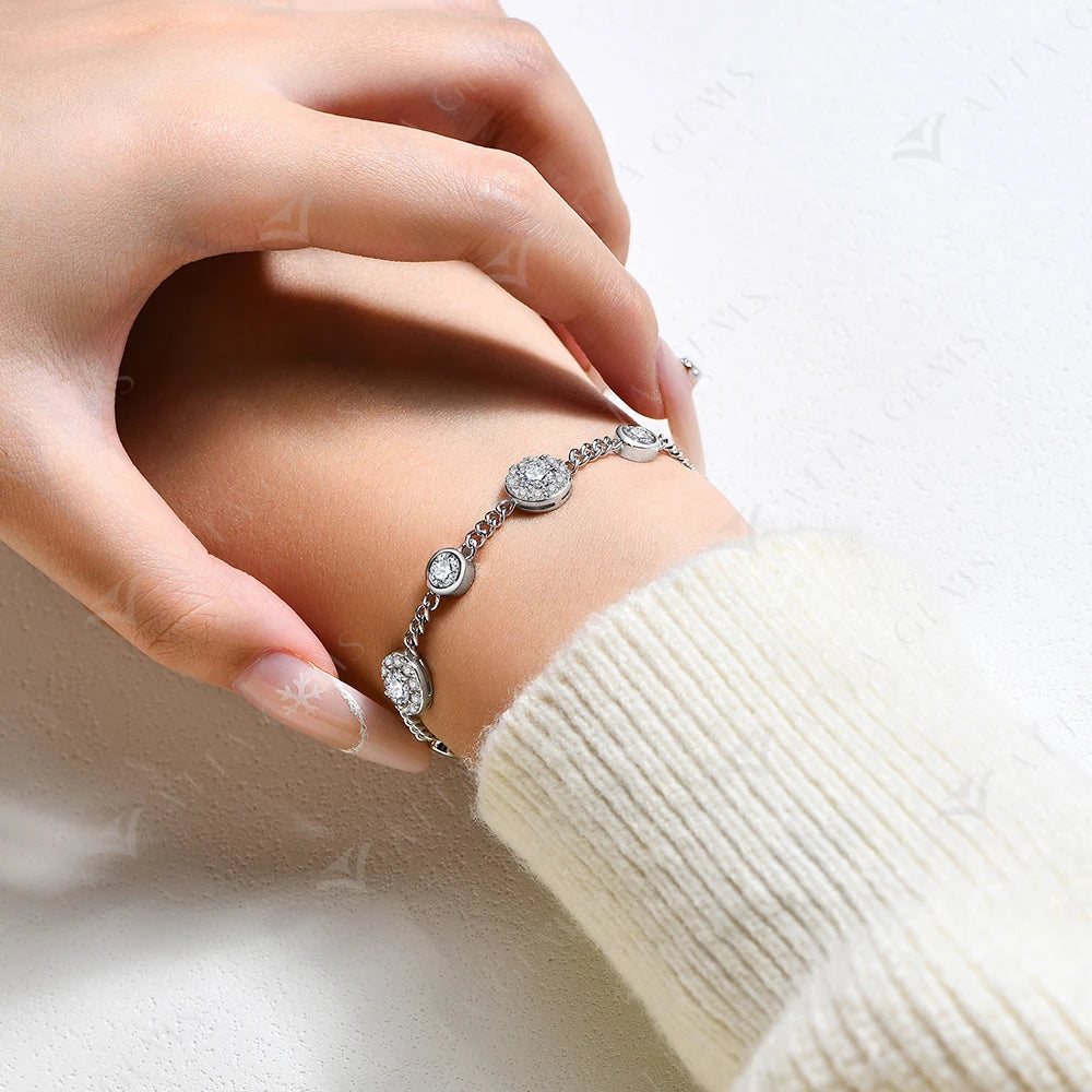 "Luxury Round Halo D Color VVS1 Diamond Bracelet for Women - S925 Sterling Silver Yellow Gold Plated.