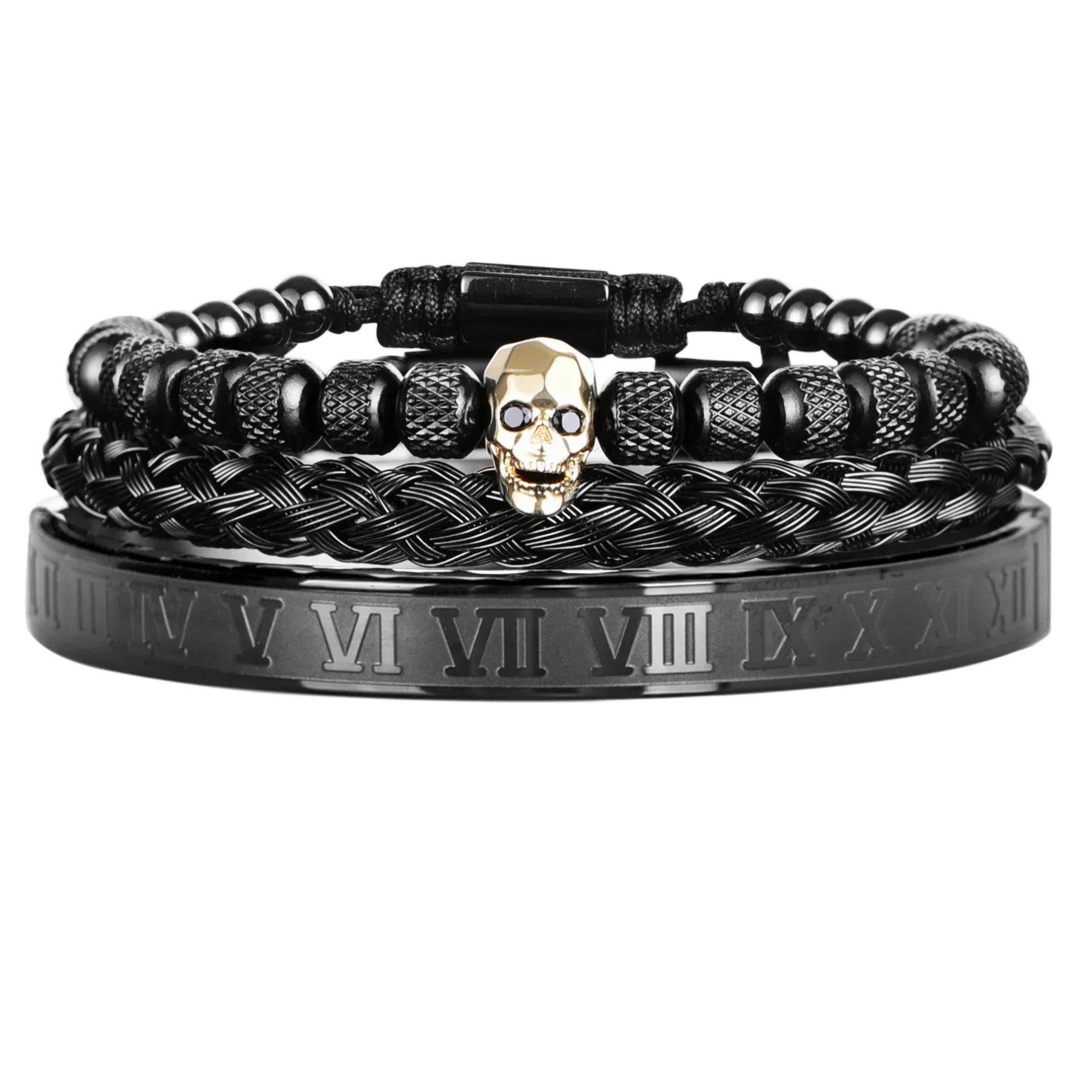 Skull Charm Bracelet – Black Stainless Steel & Copper Beaded Bangle