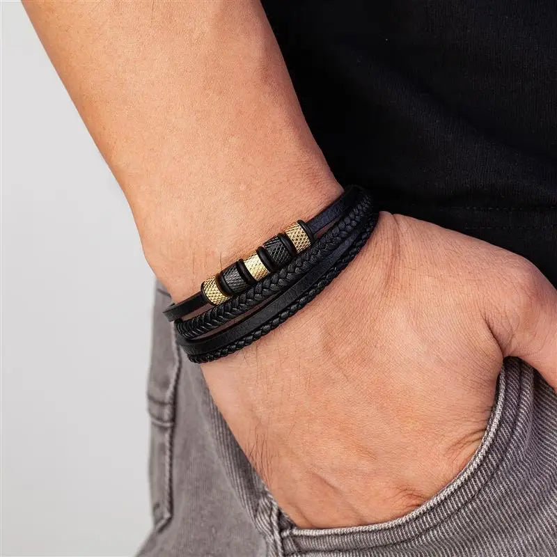 Classic Men's Leather Beaded Bracelet